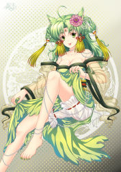 Rule 34 | 1girl, :p, ahoge, animal ears, bare shoulders, barefoot, bloomers, braid, breasts, cleavage, clothes lift, dress, facial mark, feet, flower, forehead mark, green eyes, green hair, green nails, green skirt, hair flower, hair ornament, highres, jewelry, legs, long hair, matching hair/eyes, nail polish, necklace, original, pearl necklace, riyun (halodark), see-through, signature, sitting, skirt, skirt lift, smile, solo, tassel, toenail polish, toenails, toes, tongue, tongue out, underwear