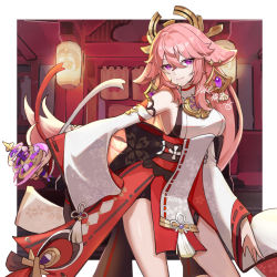 Rule 34 | 1girl, animal ears, architecture, breasts, commentary request, detached sleeves, earrings, east asian architecture, fox ears, fox girl, genshin impact, hair between eyes, hair ornament, holding, holding weapon, japanese clothes, jewelry, lantern, long hair, long sleeves, looking at viewer, nontraditional miko, outside border, pink hair, purple eyes, ribbon-trimmed sleeves, ribbon trim, shrine, sideboob, sidelocks, smile, solo, standing, standing on one leg, vision (genshin impact), weapon, wide sleeves, xishuu (user dvah3828), yae miko