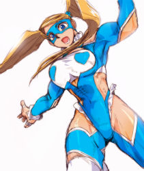 Rule 34 | 1990s (style), 1girl, blonde hair, blue eyes, capcom, ez6, heart, leotard, mask, muscular, muscular female, open mouth, outstretched arms, rainbow mika, retro artstyle, simple background, solo, spread arms, street fighter, street fighter zero (series), toned, twintails