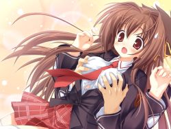 Rule 34 | 1boy, 1girl, :o, bra-ban!, grabbing another&#039;s breast, breasts, brown hair, drop, from behind, game cg, grabbing, grabbing from behind, hetero, kobuichi, long hair, medium breasts, nakanoshima tae, necktie, open mouth, red eyes, school uniform, serafuku, solo focus, surprised, surprised arms, sweatdrop, tareme, thighhighs