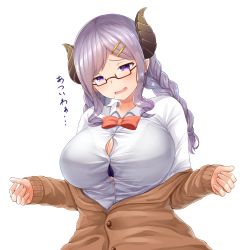 Rule 34 | 1girl, nanashi inc., alternate costume, artist request, black bra, blouse, blush, bow, bowtie, bra, bra visible through clothes, braid, breasts, bursting breasts, button gap, cardigan, collared shirt, demon girl, demon horns, embarrassed, hair ornament, hairclip, half-closed eyes, head tilt, highres, honey strap, horns, large breasts, long hair, mole, mole under mouth, off shoulder, open mouth, parted bangs, pointy ears, purple eyes, purple hair, red bow, red bowtie, saionji mary, see-through, shirt, sidelocks, solo, source request, swept bangs, taut clothes, taut shirt, transparent background, twin braids, underwear, virtual youtuber, wavy mouth, white shirt, wide hips