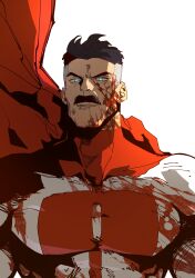 Rule 34 | 1boy, absurdres, black hair, blood, blood on clothes, blood on face, blood splatter, blue eyes, bodysuit, cape, commentary, english commentary, facial hair, highres, implied murder, invincible (series), isaacchief300, large pectorals, male focus, multicolored hair, muscular, muscular male, mustache, omni-man, pectorals, red cape, short hair, solo, superhero costume, two-tone hair, upper body, western comics (style), white background