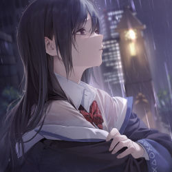 Rule 34 | 1girl, black hair, blouse, blurry, blurry background, building, cloud, collared shirt, dark clouds, dark sky, from side, hair between eyes, hair ornament, hairclip, half-closed eyes, jacket, long hair, night, night sky, off shoulder, original, overcast, parted lips, rain, red eyes, red neckwear, see-through, shirt, sky, skyscraper, sola (solo0730), water, wet, wet clothes, wet hair, white shirt