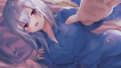 Rule 34 | 1girl, absurdres, bed, blue pajamas, breasts, commentary request, eyes visible through hair, hakase fuyuki, highres, large breasts, looking at viewer, lying, medium hair, nijisanji, on bed, on side, open mouth, pajamas, pillow, pov across bed, purple eyes, reaching, reaching towards viewer, silver hair, smile, solo, virtual youtuber, yayoi asuka