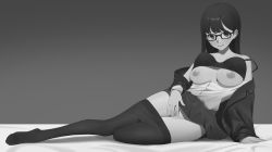 Rule 34 | 1girl, arm support, bare shoulders, bed sheet, blush, bra, bra lift, breasts, breasts out, closed mouth, clothes pull, collarbone, commission, female pubic hair, frown, full body, glasses, greyscale, hair behind ear, hair between eyes, highres, jacket, long hair, long sleeves, looking at viewer, lying, medium breasts, miniskirt, monochrome, nipples, no panties, no shoes, on bed, on side, open clothes, open jacket, pantyhose, pantyhose pull, persona, persona 5, persona 5 the royal, pretty mundane, pubic hair, school uniform, simple background, skeb commission, skirt, smile, solo, spoilers, swept bangs, toes, underwear, yoshizawa kasumi
