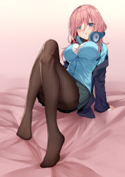 Rule 34 | 1girl, :t, arm support, ass, bed sheet, bison cangshu, blazer, blue cardigan, blue eyes, blue jacket, blush, breasts, brown pantyhose, buttons, cardigan, closed mouth, full body, go-toubun no hanayome, grey skirt, hair between eyes, headphones, headphones around neck, jacket, knees up, large breasts, long hair, long sleeves, looking at viewer, miniskirt, nakano miku, no shoes, off shoulder, open clothes, open jacket, pantyhose, pink hair, pleated skirt, pout, reclining, school uniform, shirt, skirt, sleeves past wrists, solo, thighband pantyhose, undershirt, v-shaped eyebrows, white shirt, wing collar