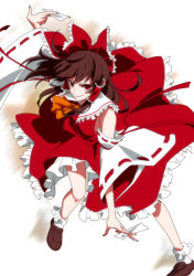Rule 34 | 1girl, ascot, bare shoulders, bow, breasts, brown footwear, brown hair, closed mouth, crop top, detached sleeves, fingernails, frilled bow, frilled shirt collar, frills, full body, hair bow, hair tubes, hakurei reimu, holding, karasaki, large bow, long hair, long sleeves, looking at viewer, mary janes, medium breasts, medium skirt, navel, red bow, red eyes, red skirt, ribbon-trimmed sleeves, ribbon trim, shoes, sidelocks, simple background, skirt, smile, socks, solo, touhou, white background, white socks, wide sleeves, yellow ascot