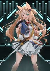 Rule 34 | 1girl, absurdres, archetto (arknights), arknights, blue eyes, blue jacket, blush, bow, brown hair, commentary request, crop top, cropped jacket, feet out of frame, fingerless gloves, forehead, gloves, hair bow, hands up, heterochromia, highres, holding, holding microphone, jacket, long hair, looking at viewer, microphone, midriff, navel, nuage, open clothes, open jacket, open mouth, parted bangs, pleated skirt, red bow, red eyes, shirt, skirt, solo, standing, teeth, two side up, upper teeth only, very long hair, white gloves, white shirt, white skirt