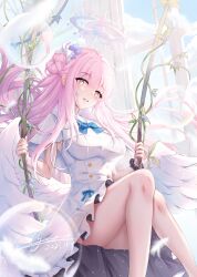 Rule 34 | 1girl, blue archive, highres, kirituka yuuka, long hair, looking at viewer, mika (blue archive), open mouth, pink hair, sitting, solo, thighs, wings, yellow eyes