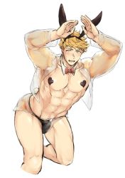 Rule 34 | 1boy, abs, animal ears, ass, bara, bare pectorals, black male underwear, blonde hair, blush, covered erect nipples, cropped jacket, detached collar, fake animal ears, granblue fantasy, green eyes, hazama (hazamazama), heart pasties, jacket, large pectorals, male focus, male playboy bunny, male underwear, muscular, muscular male, navel, open clothes, open jacket, pasties, pectorals, rabbit ears, see-through, see-through jacket, see-through shorts, short hair, short shorts, shorts, simple background, solo, thick thighs, thighs, thong, undercut, underwear, vane (granblue fantasy), white background