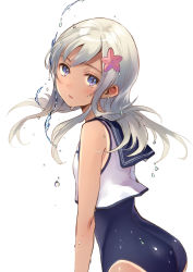 Rule 34 | 10s, 1girl, ass, blonde hair, blue eyes, crop top, flower, hair flower, hair ornament, hanekoto, highres, kantai collection, looking at viewer, neckerchief, one-piece swimsuit, ro-500 (kancolle), school swimsuit, school uniform, serafuku, solo, swimsuit, swimsuit under clothes, tan, tanline, water drop, white background