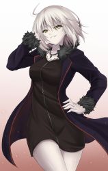 Rule 34 | 1girl, arm up, black coat, black dress, breasts, cape, coat, collarbone, cowboy shot, denpa (denpae29), dress, fate/grand order, fate (series), fur-trimmed cape, fur trim, gradient background, hair between eyes, hand in own hair, hand on own hip, head tilt, highres, jeanne d&#039;arc (fate), jeanne d&#039;arc (ruler) (fate), jeanne d&#039;arc alter (fate), jeanne d&#039;arc alter (ver. shinjuku 1999) (fate), jewelry, long sleeves, looking at viewer, medium breasts, necklace, official alternate costume, open clothes, open coat, pale skin, pendant, short hair, silver hair, standing, teeth, yellow eyes