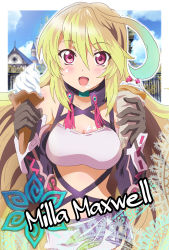 Rule 34 | 1girl, ahoge, aqua hair, artist request, bandeau, belly, blonde hair, blush, breasts, character name, choker, cleavage, crepes, food, food on face, gloves, ice cream cone, long hair, looking at viewer, medium breasts, milla maxwell, miniskirt, multicolored hair, navel, open mouth, red eyes, skirt, smile, tales of (series), tales of xillia, tales of xillia 2, two-tone hair