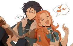 Rule 34 | 1boy, 1girl, annette fantine dominic, black hair, bow, capelet, closed eyes, felix hugo fraldarius, fire emblem, fire emblem: three houses, fur trim, highres, holding, holding sword, holding weapon, leaning on person, long hair, long sleeves, music, musical note, nintendo, norue, aged up, orange hair, polishing, red hair, singing, spoken musical note, sword, towel, weapon