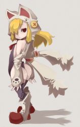 Rule 34 | 1girl, animal ears, ass, black thighhighs, blonde hair, boots, cat ears, detached sleeves, fake animal ears, hat, leotard, looking at viewer, looking back, original, red eyes, shadow, simple background, solo, standing, thighhighs, thong leotard, uni mate