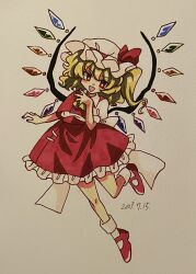 Rule 34 | 1girl, :d, blonde hair, crystal, dress, flandre scarlet, full body, furiba 794, hat, highres, mary janes, mob cap, nail polish, one-hour drawing challenge, one side up, open mouth, red dress, red eyes, shoes, smile, solo, touhou, traditional media, wings