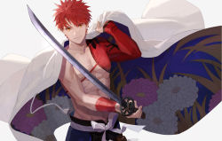 Rule 34 | 1boy, abs, cape, closed mouth, commentary request, emiya shirou, fate/grand order, fate (series), floral print, highres, holding, holding sword, holding weapon, igote, japanese clothes, katana, kuromamechabita, looking at viewer, male focus, red hair, senji muramasa (fate), short hair, simple background, single bare shoulder, smile, solo, sword, toned, toned male, topless male, upper body, weapon, white cape, yellow eyes