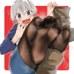 Rule 34 | 1girl, blue eyes, blue shirt, blue skirt, boots, unworn boots, bow, brown footwear, brown pantyhose, fang, feet, fine fabric emphasis, foot focus, foot up, foreshortening, grey hair, hair between eyes, holding, holding boots, holding clothes, holding footwear, knees up, laughing, long sleeves, looking at viewer, miniskirt, no shoes, open mouth, paid reward available, pantyhose, red background, shirt, short hair, single boot, skin fang, skirt, smell, smug, soles, solo, sound effects, steaming body, thighs, toes, ushihashiru, uzaki-chan wa asobitai!, uzaki hana, white bow