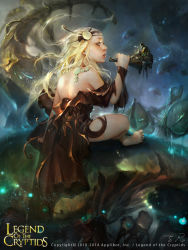 Rule 34 | 1girl, artist name, back, bare shoulders, barefoot, blonde hair, copyright name, dated, flower, green eyes, hair flower, hair ornament, highres, legend of the cryptids, long hair, mushroom, official art, open mouth, sitting, solo, sparkle, zinnadu