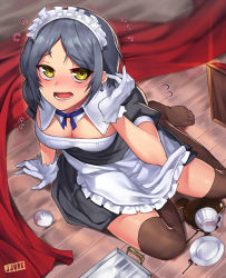 Rule 34 | 10s, 1girl, apron, black dress, black hair, blush, breasts, brown thighhighs, cleavage, cleavage cutout, clothing cutout, coffee cup, cup, disposable cup, downblouse, dress, earrings, flying sweatdrops, gloves, hayami kanade, idolmaster, idolmaster cinderella girls, jewelry, jjune, looking at viewer, maid, maid apron, maid headdress, open mouth, parted bangs, puffy short sleeves, puffy sleeves, short hair, short sleeves, sitting, solo, spill, spilling, thighhighs, tray, waist apron, white gloves, yellow eyes, zettai ryouiki