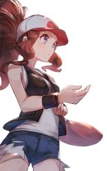 Rule 34 | 1girl, bag, baseball cap, between breasts, black vest, black wristband, breasts, brown hair, commentary, creatures (company), eyelashes, from below, game freak, hat, high ponytail, highres, hilda (pokemon), long hair, nintendo, odd (hin yari), open clothes, open vest, pokemon, pokemon bw, purple eyes, shirt, shorts, sidelocks, solo, strap between breasts, vest, white shirt, wristband