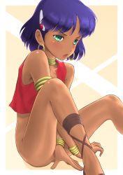 Rule 34 | 1990s (style), 1girl, angry, armband, ass, bare shoulders, blush, bob cut, bottomless, bracelet, covering privates, covering crotch, cross-laced sandals, dark skin, dark-skinned female, earrings, embarrassed, fushigi no umi no nadia, green eyes, hair ornament, hairclip, hoop earrings, jewelry, nadia la arwall, neck ring, no panties, purple hair, short hair, sitting, solo, vest, wa (genryusui)