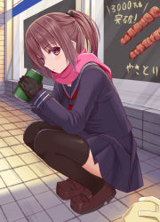 Rule 34 | 1girl, black gloves, black serafuku, black shirt, black skirt, black thighhighs, blouse, blush, brown eyes, brown footwear, brown hair, can, commentary request, day, from side, full body, gloves, hair between eyes, holding, holding can, loafers, long hair, long sleeves, looking at viewer, looking to the side, original, outdoors, parted lips, pink scarf, pleated skirt, ponytail, red neckwear, revision, scarf, school uniform, serafuku, shirt, shoes, skirt, solo, squatting, thighhighs, tukino neru