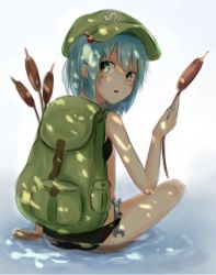 Rule 34 | 1girl, backpack, bag, bikini, black bikini, blue eyes, blue hair, blush, cattail, female focus, green eyes, hair bobbles, hair ornament, hat, kawashiro nitori, looking back, looking down, matching hair/eyes, open mouth, partially submerged, plant, short hair, short twintails, side ponytail, sitting, solo, swimsuit, touhou, twintails, two side up, water, wrench, yukima (yushika)