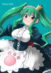 Rule 34 | 10s, 1girl, :3, apron, artist name, blue background, breasts, copyright name, crown, green hair, hairband, highres, kisa kazuyuki, kuroi ginko, large breasts, long hair, long sleeves, looking at viewer, maid, maid apron, mini crown, planet with, puffy sleeves, red eyes, simple background, skirt, solo, tilted headwear, twintails