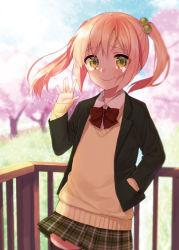 Rule 34 | 1girl, bad id, bad pixiv id, blazer, blonde hair, blush, bow, cherry blossoms, hand in pocket, jacket, long hair, looking at viewer, midorikawa you, original, railing, school uniform, skirt, smile, solo, sweater, tears, tree, twintails, waving, wavy mouth, yellow eyes