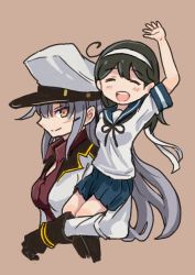 Rule 34 | 10s, 2girls, ahoge, arm up, beige background, black hair, carrying, commentary request, epaulettes, closed eyes, gangut (kancolle), gloves, grey hair, hair ribbon, hairband, hat, jacket, kantai collection, long hair, long sleeves, looking at viewer, military, military hat, military uniform, miniskirt, multiple girls, open clothes, open jacket, open mouth, peaked cap, pleated skirt, remodel (kantai collection), ribbon, saiguchi otoufu, school uniform, serafuku, short sleeves, sitting on shoulder, skirt, smile, socks, uniform, ushio (kancolle), yellow eyes