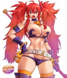 Rule 34 | 1girl, aged up, alternate breast size, alternate hair length, alternate hairstyle, amania orz, bare shoulders, belt, black thighhighs, breasts, cleavage, commentary request, dated, demon girl, disgaea, earrings, etna (disgaea), food-themed earrings, food themed earrings, jewelry, large breasts, long hair, looking at viewer, makai senki disgaea, mature female, pointy ears, pumpkin, pumpkin earrings, red eyes, red hair, shiny skin, simple background, solo, staff, standing, thighhighs, twintails, twitter username, very long hair, white background, wings