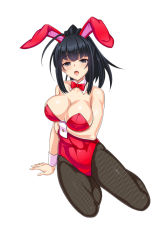 Rule 34 | 1girl, :o, animal ears, black eyes, black hair, breasts, cle masahiro, cleavage, detached sleeves, fake animal ears, fishnet pantyhose, fishnets, full body, high ponytail, kirihara konoe, large breasts, leotard, long hair, looking at viewer, official art, open mouth, pantyhose, playboy bunny, rabbit ears, simple background, solo, valkyrie drive, valkyrie drive -siren-, white background