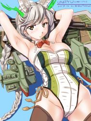 Rule 34 | 10s, 1girl, alternate costume, animal ears, antlers, armpits, arms up, asymmetrical hair, bare arms, blush, bow, bowtie, braid, breasts, brown eyes, brown legwear, camouflage, character name, cleavage, cloud print, detached collar, female focus, flight deck, groin, hair between eyes, horns, jitome, kantai collection, kemonomimi mode, large breasts, leotard, long hair, looking at viewer, machinery, multicolored leotard, off shoulder, rabbit ears, rabbit girl, red bow, side-tie leotard, silver hair, single braid, solo, staff, strapless, strapless leotard, tatsumi ray, thighs, twitter username, unryuu (kancolle), very long hair, white leotard, yellow eyes