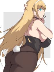 Rule 34 | 1006kbps, 1girl, absurdres, arm behind head, ass, azur lane, black choker, black leotard, blonde hair, blue eyes, breasts, choker, cowboy shot, from side, grey background, hand on own chest, highres, huge breasts, leotard, long hair, mouth hold, north carolina (azur lane), north carolina (the heart&#039;s desire) (azur lane), official alternate costume, playboy bunny, rabbit tail, sideways glance, simple background, solo, strapless, strapless leotard, two-tone background, white background