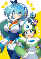 Rule 34 | 1girl, 3boys, blue eyes, blue hair, breasts, character request, closed mouth, humanoid robot, large breasts, looking at viewer, mega man (series), mega man x (series), mega man x dive, multiple boys, open mouth, rico (mega man), robot, short hair, short ponytail, teeth, tobitori, upper teeth only