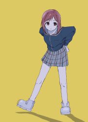 Rule 34 | 1girl, brown eyes, flcl, highres, open mouth, red hair, sailor collar, samejima mamimi, school uniform, shadow, simple background, skirt, solo, t0y0, white footwear, yellow background