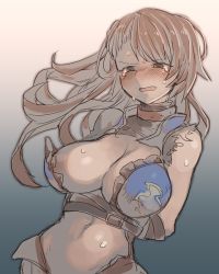 Rule 34 | 10s, 1girl, bad id, bad pixiv id, beatrix (granblue fantasy), blush, bound, breasts, brown eyes, brown hair, granblue fantasy, large breasts, long hair, navel, nose blush, open mouth, oshiruko (tsume), solo, sweat, tears, tied up