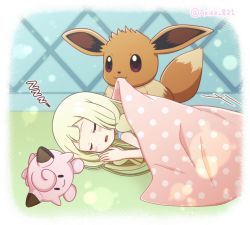 Rule 34 | 1girl, akika 821, blanket, blonde hair, blush stickers, braid, clefairy, closed eyes, covering with blanket, creatures (company), eevee, game freak, gen 1 pokemon, lillie (pokemon), long hair, lying, nintendo, on side, parted lips, pokemon, pokemon (anime), pokemon (creature), pokemon sm (anime), sleeping, stuffed toy, twin braids, twitter username