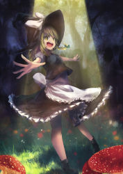 Rule 34 | 1girl, @ @, boots, braid, dqn (dqnww), grass, hat, highres, kirisame marisa, light, long hair, mushroom, open mouth, outdoors, outstretched arms, shirt, side braid, single braid, skirt, solo, spotlight, spread arms, standing, touhou, witch, witch hat