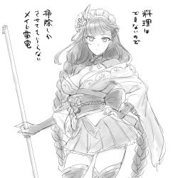 Rule 34 | 1girl, braid, breasts, cleavage, closed mouth, genshin impact, greyscale, hair ornament, hand on own hip, highres, japanese clothes, long hair, looking at viewer, maid headdress, medium breasts, mole, mole under eye, monochrome, raiden shogun, sbs, simple background, solo, tassel, thighhighs, translation request, twin braids, very long hair