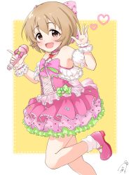 Rule 34 | 1girl, bare shoulders, blush, border, bow, bowtie, brown eyes, brown hair, cowboy shot, detached sleeves, dot nose, dress, flat chest, frilled dress, frills, from side, funxy k, green ribbon, hair bow, hair ribbon, hands up, heart, highres, holding, holding microphone, idolmaster, idolmaster cinderella girls, idolmaster cinderella girls starlight stage, koga koharu, layered dress, leg up, looking at viewer, mary janes, microphone, multicolored clothes, multicolored dress, open hand, open mouth, outside border, pink bow, pink bowtie, pink footwear, pink ribbon, ribbon, scrunchie, shoes, short hair, signature, sleeveless, sleeveless dress, smile, socks, standing, standing on one leg, white border, white scrunchie, white sleeves, white socks, wrist scrunchie, yellow background
