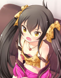 Rule 34 | 10s, 1girl, :o, bare shoulders, black hair, collarbone, couch, downblouse, flat chest, hair ribbon, idolmaster, idolmaster cinderella girls, jacket off shoulders, jewelry, long hair, matoba risa, midriff peek, necklace, nipple slip, nipples, off shoulder, open mouth, pendant, ribbon, sitting, solo, strap slip, tilm, twintails, very long hair, yellow eyes