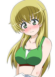 Rule 34 | 1girl, absurdres, blonde hair, blush, breasts, carpaccio (girls und panzer), cleavage, closed mouth, commentary, embarrassed, frown, girls und panzer, green eyes, green sports bra, highres, long hair, looking at viewer, medium breasts, simple background, solo, sports bra, undressing, upper body, wakku kan, white background