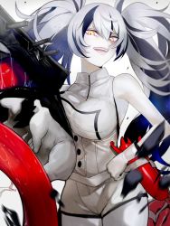 Rule 34 | 1girl, abyssal ship, black hair, breast press, breasts, colored skin, enemy lifebuoy (kancolle), escort water princess, fang, gloves, holding, kantai collection, large breasts, long hair, multicolored hair, open mouth, pale skin, saliva, simple background, sleeveless, solo, streaked hair, teeth, twintails, walzrj, white background, white gloves, white hair, white skin, yellow eyes