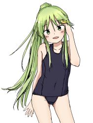 Rule 34 | 1girl, absurdres, alternate hairstyle, black one-piece swimsuit, commentary request, cowboy shot, crescent, crescent hair ornament, flat chest, green eyes, green hair, hair ornament, highres, kantai collection, long hair, looking at viewer, nagatsuki (kancolle), one-piece swimsuit, po0000000000, ponytail, school swimsuit, smile, solo, swimsuit