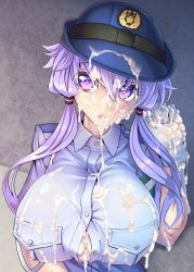 Rule 34 | 1girl, :o, after paizuri, alternate breast size, blue hat, blue shirt, blush, breast pocket, breasts, bukkake, buttons, colored eyelashes, commentary request, cum, cum on body, cum on breasts, cum on clothes, cum on hair, cum on upper body, emblem, facial, gloves, hair between eyes, hand up, hat, huge breasts, long hair, looking at viewer, low twintails, ninopal, open mouth, pocket, police, police uniform, policewoman, purple eyes, purple hair, shirt, short sleeves, solo, twintails, uniform, upper body, vocaloid, voiceroid, white gloves, wing collar, yuzuki yukari