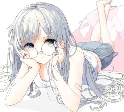 Rule 34 | 1girl, aspara, bad id, bad pixiv id, bandaid, bandaid on arm, barefoot, blurry, depth of field, full body, glasses, grey eyes, grey hair, hands on own face, head rest, legs up, long hair, looking at viewer, lying, on stomach, original, pillow, round eyewear, shorts, sleeveless, solo, swept bangs, the pose