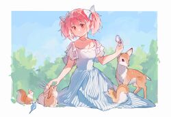 Rule 34 | 1girl, alternate costume, animal, bird, bird on hand, blue sky, border, bow, chinese commentary, choker, collarbone, commentary request, day, deer, dress, full body, hair bow, highres, kaname madoka, looking at animal, mahou shoujo madoka magica, mahou shoujo madoka magica (anime), outdoors, outside border, petting, pink eyes, pink hair, rabbit, short hair, short sleeves, short twintails, sitting, sky, smile, solo, squirrel, sunlight, tree, twintails, white border, white bow, white choker, white dress, ziyin