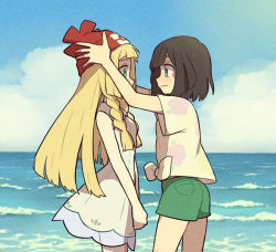 Rule 34 | 2girls, arms up, bare shoulders, beanie, black hair, blonde hair, blue sky, blunt bangs, blush, braid, closed mouth, cloud, creatures (company), day, dress, eye contact, face-to-face, fingernails, flat chest, floral print, from side, game freak, green eyes, green shorts, grey eyes, hand on another&#039;s head, happy, hat, hat switch, lillie (pokemon), long hair, looking at another, multiple girls, nintendo, ocean, outdoors, poke ball theme, pokemon, pokemon sm, profile, red hat, see-through, selene (pokemon), shirt, shiwo (siwosi), short hair, short shorts, short sleeves, shorts, sky, sleeveless, sleeveless dress, smile, standing, tied shirt, twin braids, v arms, very long hair, water, white dress, yellow shirt
